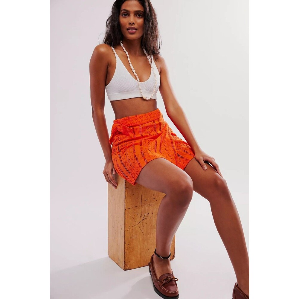 Damson Madder Fiji Mini Wrap Skirt Eyelet Embroidered Orange Cotton XS-6 287316 - Picture 3 of 10